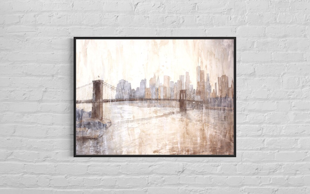New York City Skyline at Dusk, Brooklyn Bridge Watercolor Painting New ...