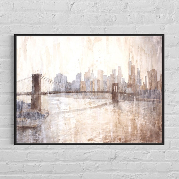 New York City skyline at dusk, Brooklyn Bridge watercolor painting New York,  Watercolor painting of Manhattan skyline, NYC wall art (print)