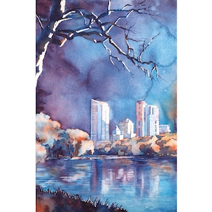 Milwaukee Wisconsin skyline watercolor painting home decor fine art sunset colorful wall art art for house architecture giclee (print)