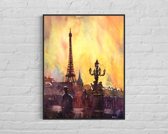 Eiffel Tower Paris France- watercolor painting Eiffel Tower sunset  Paris home decor Paris Eiffel Tower colorful wall art watercolor (print)