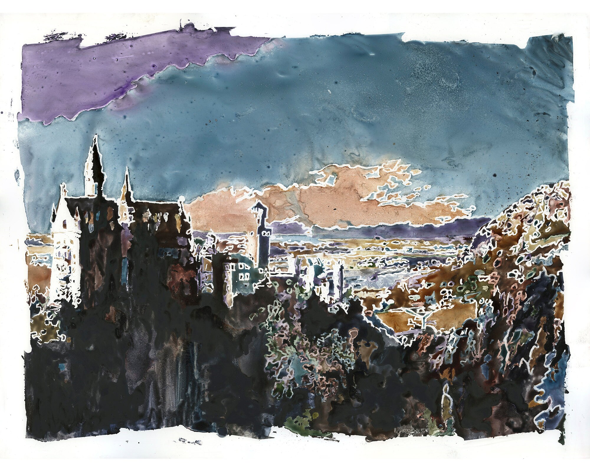 ドイツ、バイエルン州のノイシュヴァンシュタイン城。水彩画、ノイシュ