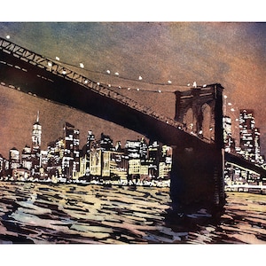 Brooklyn Bridge & skyline of Manhattan at sunset in New York City- New York, USA Watercolor painting, NYC skyline art watercolor art (print)
