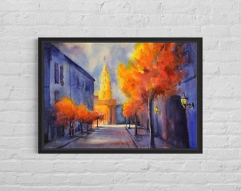 Colorful watercolor painting Charleston SC, watercolor architecture print sunset painting trendy wall art South Carolina landscape (print