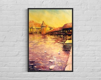 Lucerna Suiza puesta de sol arte acuarela pintura, decoración del hogar hecha a mano pintura Suiza cisne arte giclee colorido arte de pared (impresión)