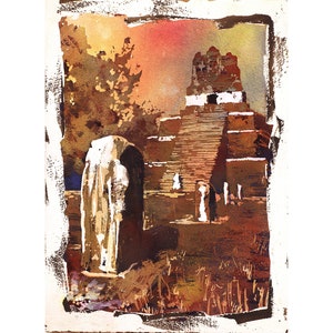 Mayan ruins Tikal Guatemala watercolor painting fine art print Tikal ruin Guatemala Mayan ruins interior design art archaeology (print)
