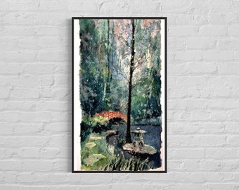 Watercolor painting Duke Gardens Durham NC landscape batik artwork trendy wall art handmade item college decor Duke University art (print)