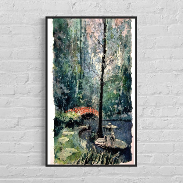 Watercolor painting Duke Gardens Durham NC landscape batik artwork trendy wall art handmade item college decor Duke University art (print)