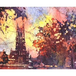 Duke Chapel Durham, North Carolina sunrise watercolor batik painting sunset art college decor handmade item trendy wall art giclee (print)