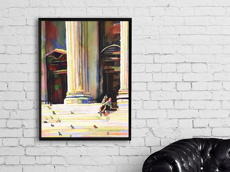 NYC watercolor painting street scene travel poster apartment decor