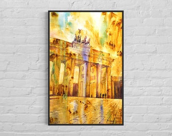 Brandenburg Gate Berlin Germany, fine art watercolor landscape painting trendy wall art handmade item travel essential sunset giclee (print)