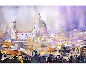 Florence Duomo at sunset- fine art watercolor painting (print)