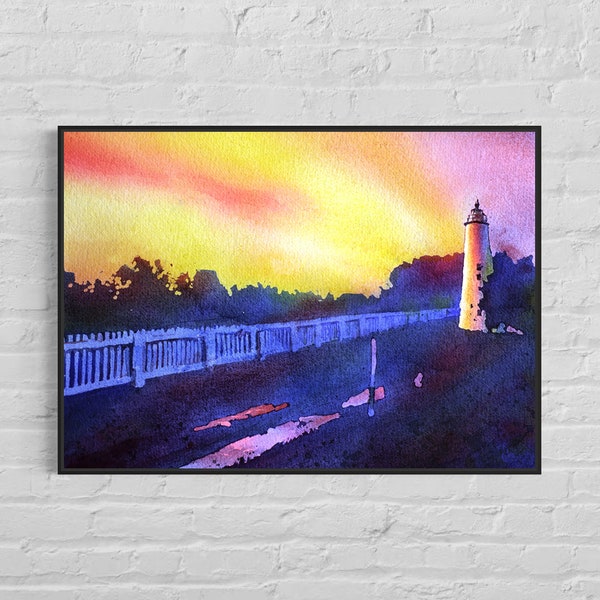 Lighthouse artwork Outer Banks North Carolina Ocracoke Island, colorful sunset apartment decor trendy wall art painting landscape (print)