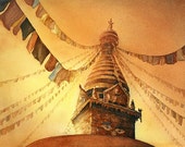 Buddhist stupa- Swayambhunath in the Kathmandu Valley, Nepal watercolor painting. Nepal art. Buddhism art wall decor Nepal (original)