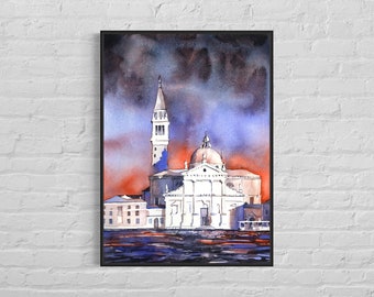 Waterolor painting Venice Italy European church home decor Italy, colorful home decor handmade item gift artwork house colorful wall (print)