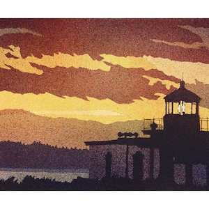 Lighthouse watercolor painting Seattle Washington, trendy wall art handmade home decor giclee prints sunset trending now art coastal (print)
