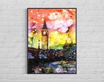 Watercolor painting Big Ben London England  European city decor colorful painting London skyline giclee watercolor travel essentials (print)