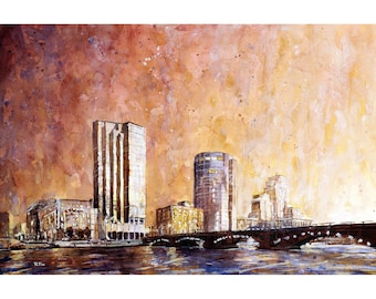 Grand Rapids skyline watercolor painting Michigan cityscape (print)