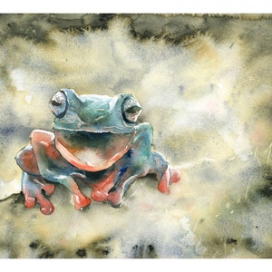 Colorful watercolor painting frog artwork, fine art wildlife painting amphibian toad giclee trendy wall art handmade home decor (print)