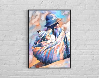 Colorful watercolor painting Cusco Peru Quechua woman baby, travel essentials trendy wall art Machu Picchu South America (original art)