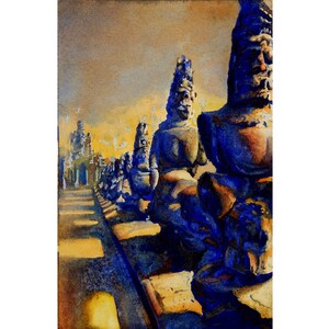 Angkor Wat Cambodia Watercolor Landscape Print, Famous Ruins Wall Art, SE Asia Travel Decor, Colorful Temple Painting, Trendy Home Accent