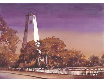 Impresión artística de acuarela del atardecer en el faro de Bald Head Island, obra de arte de casa de playa costera de Outer Banks, Carolina del Norte, artículo hecho a mano, regalo para ella