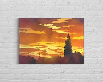 Colorful sunset church Tabor Czech Republic trend wall art, handmade item home decor watercolor landscape interior design cityscape (print)