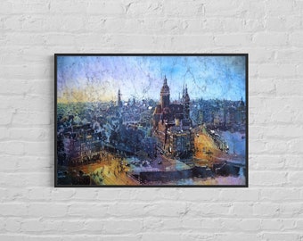 Painting of Amsterdam skyline sunset. Skyline of Amsterdam artwork city Netherlands painting watercolor batik art Europe home decor  (print)