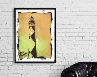 Watercolor landscape lighthouse artwork, trendy wall art travel essentials handmade item Cape Lookout Outer Banks NC beach decor art (print)