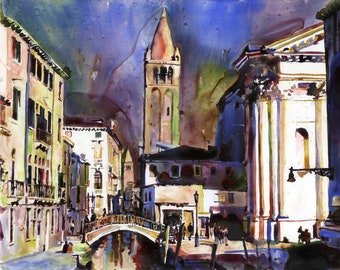 May include: Watercolor painting of a European cityscape with a tall bell tower and a bridge over a canal. Buildings in shades of yellow, pink, and blue line the canal. The sky is a deep blue with hints of purple.