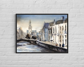 Pintura de acuarela Brujas Bélgica arte de pared de moda pintura al atardecer, arte de pared colorido Brujas Bélgica arte acuarela giclee obras de arte (impresión)