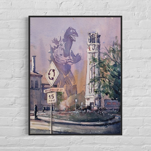 North Carolina Statue University (NCSU) Bell-Tower Raleigh, NC monster watercolor fine art painting watercolor, college decor giclee (print)
