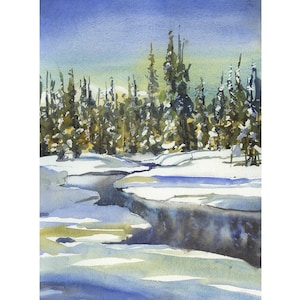 Pintura de paisajes nevados invernales. Paisajes nevados de montaña y arroyo. Acuarela de paisajes invernales de montaña (impresión).