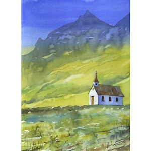 Chiesa sulla spiaggia di Reynisfjara vicino alla città di Vik, Islanda. Acquerello dipinto a mano, costa islandese, opera d'arte murale colorata, decorazione per la casa, paesaggio (stampa).