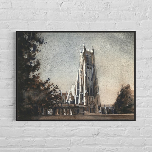 Watercolor landscape Duke Chapel Durham North Carolina art, Duke Blue Devils university artwork handmade home decor graduation gift (print)