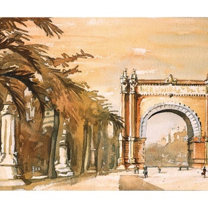 Colorful painting Triumphal Arch Barcelona Spain. Fine art watercolor painting Barcelona Spain artwork architecture sunset landscape (print)