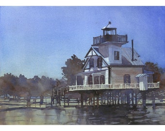 Watercolor painting Edenton NC lighthouse North Carolina art coastal art scene, Outer Banks art lighthouse decor beach art colorful (print)