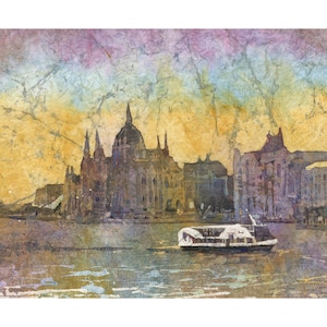 Watercolor landscape Budapest skyline Hungarian Parliament travel essential painting batik handmade item painting art for house (print)
