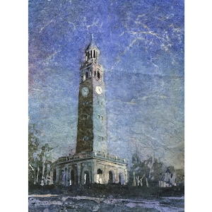 UNC-klokkentoren in de schemering Chapel Hill, NC college decor cadeau voor afgestudeerde alumni presenteren kunstwerk batik University North Carolina campus (afdruk)
