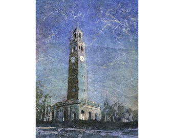 UNC belltower at dusk Chapel Hill, NC college decor gift for graduate alumni present artwork batik University North Carolina campus (print)