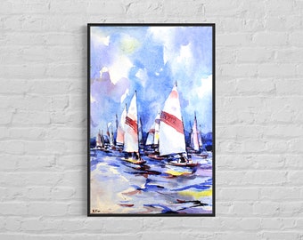 Painting boats sailing regatta- Torch Lake, USA boat painting nautical ocean painting art watercolor landscape handmade item giclee (print)