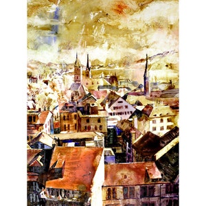 Watercolor painting Zurich Switzerland skyline trendy wall art handmade item travel essentials, cityscape European artwork landscape (print)
