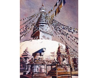Swayambhunath Buddhist stupa in Kathmandu Valley- Nepal. Watercolor painting Buddhist stupa Nepal wall art giclee fine art painting Stupa