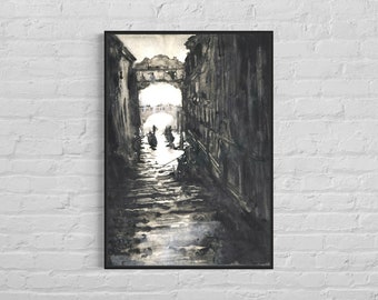 Venice Italy black white watercolor painting. Bridge of Sighs painting- Venice, Italy boats monochromatic art B&W Venice painting (original)