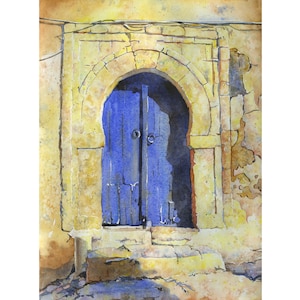 Blue doorway Sidi Bou Said Tunisia, colorful wall art Tunisian doorway watercolor painting architecture giclee artwork African decor (print)