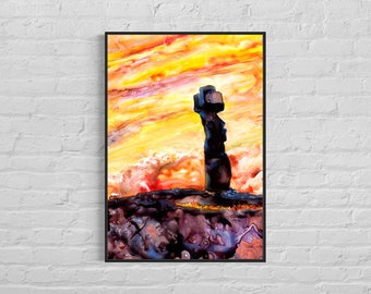 Colorful art Moai statue sunset Easter Island, Chile watercolor painting, Moai statue home decor fine art print Easter Island art (original)