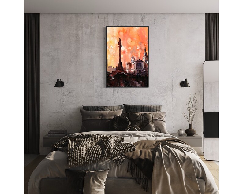 Colorful apartment decor travel essentials Barcelona skyline artwork