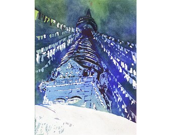 Aquarell Gemälde Buddhas Augen & Gebetsfahnen Buddhistische Stupa Kathmandu Nepal, nepalesische Deko Reise Geschenk trendy Wand Kunst Buddhismus (Druck)