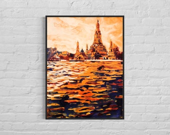 タイのワット・アルン水彩画ジクレープリント、カラフルなアート