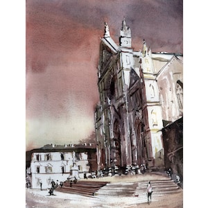 Kleurrijke aquarel Florence Italië kerk basiliek Santa Croce handgemaakt item reisbenodigdheden Italiaans interieur artwork giclee (afdrukken)