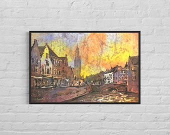 Watercolor painting Bruges Belgium, travel wall art Europe handmade home decor, colorful painting Bruges skyline religious art city (print)